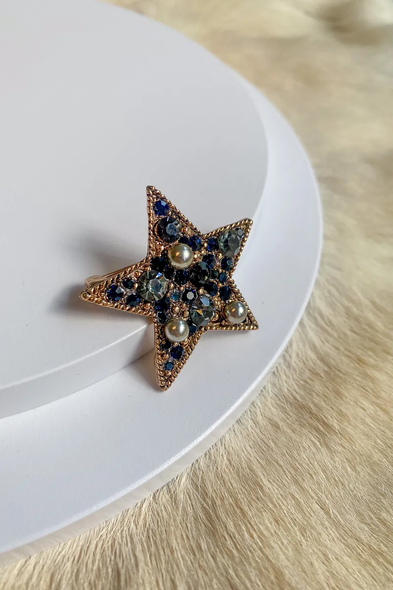 Altın Renk Lacivert Taşlı Yıldız Kadın Broş – 4x4 cm - görsel 5