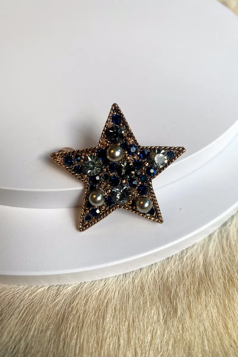 Altın Renk Lacivert Taşlı Yıldız Kadın Broş – 4x4 cm - görsel 6