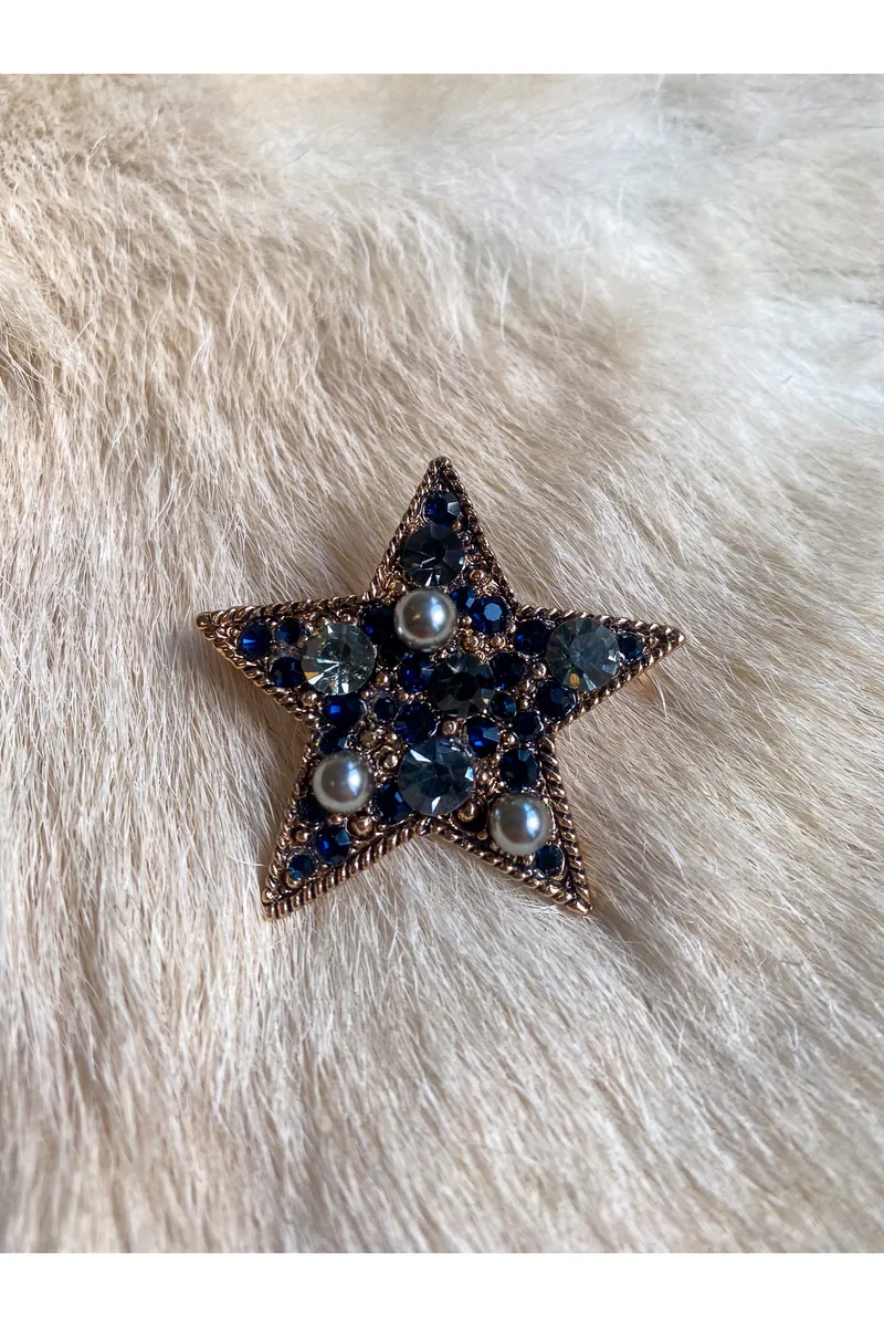 Altın Renk Lacivert Taşlı Yıldız Kadın Broş – 4x4 cm - görsel 2