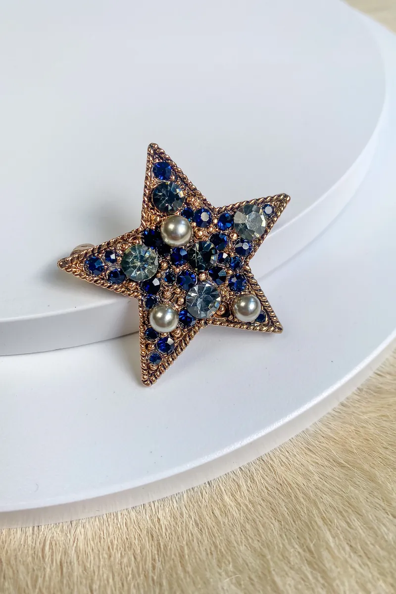 Altın Renk Lacivert Taşlı Yıldız Kadın Broş – 4x4 cm - görsel 4
