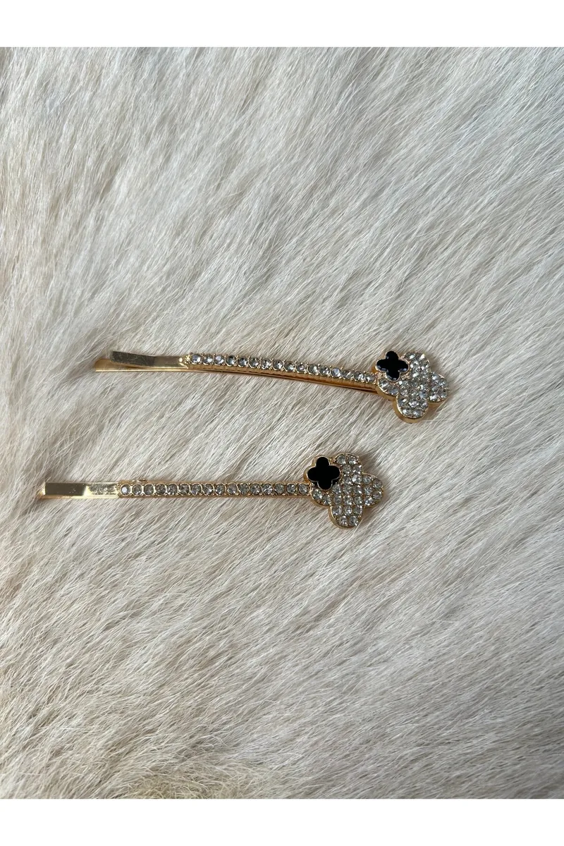 Zirkon Taşlı Gold Metal Yandan Toka 2’li Set – Yonca Figürlü - görsel 3