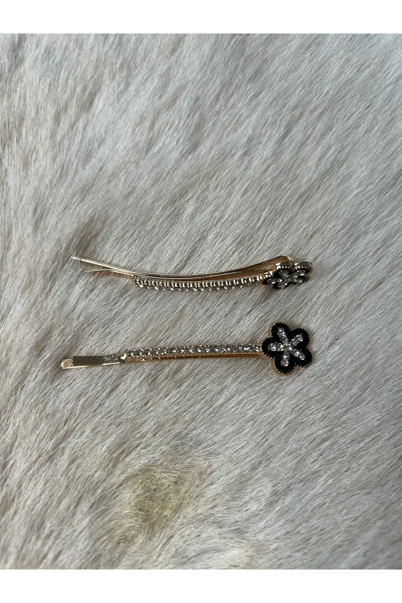 Zirkon Taşlı Gold Metal Yandan Toka 2’li Set – Çiçek Figürlü - görsel 3
