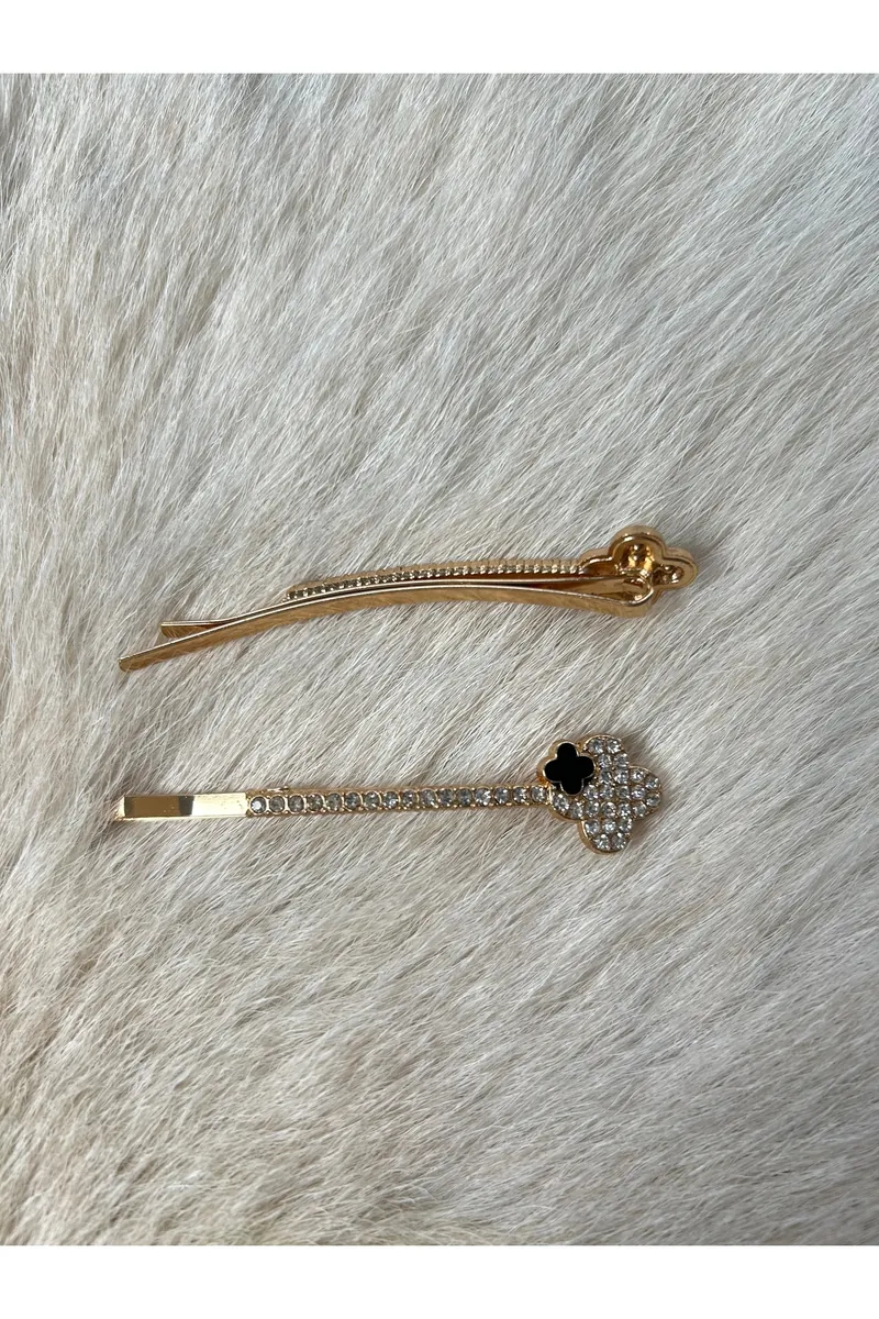 Zirkon Taşlı Gold Metal Yandan Toka 2’li Set – Yonca Figürlü - görsel 4