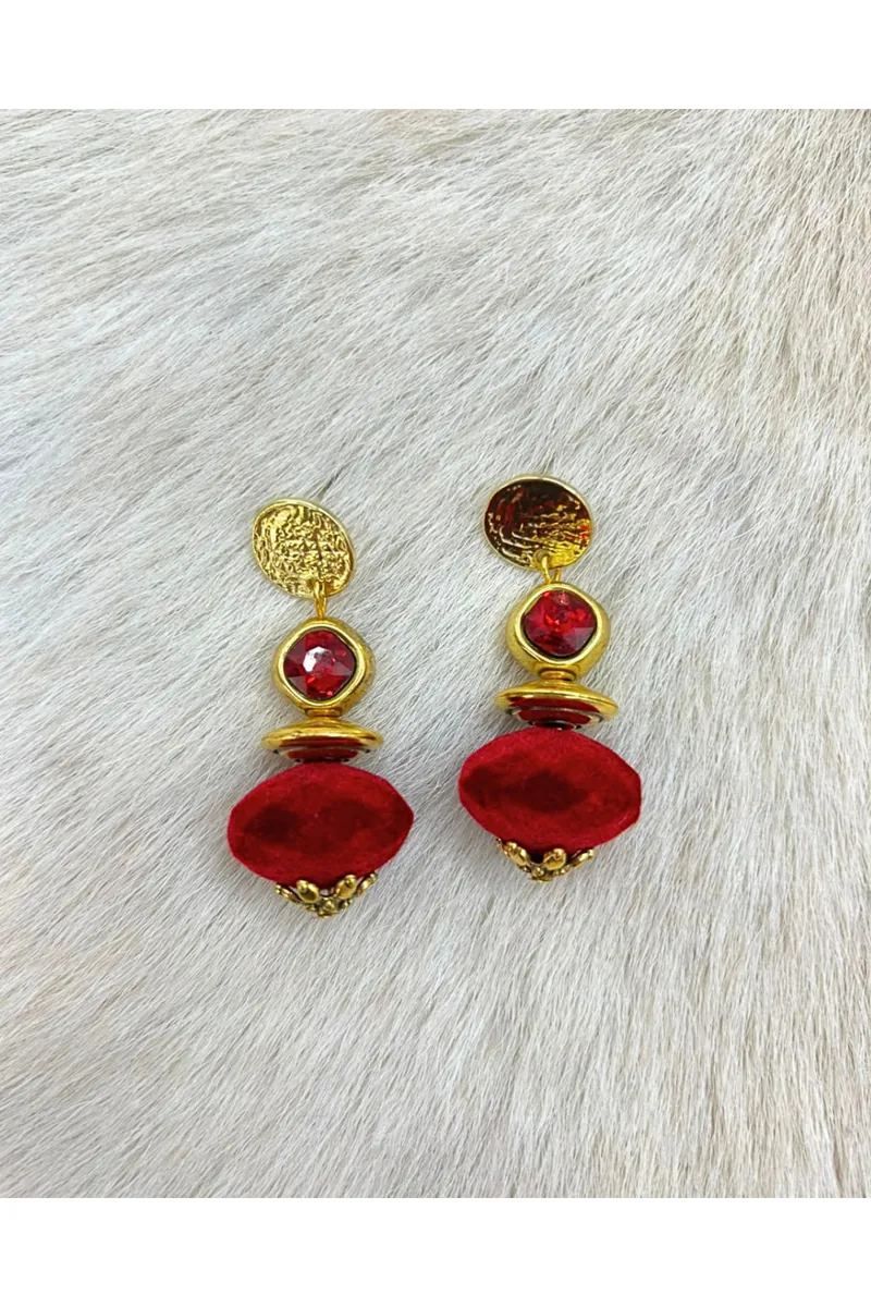 Kadife Boncuklu Cam Taşlı Sallantılı Küpe - görsel 2