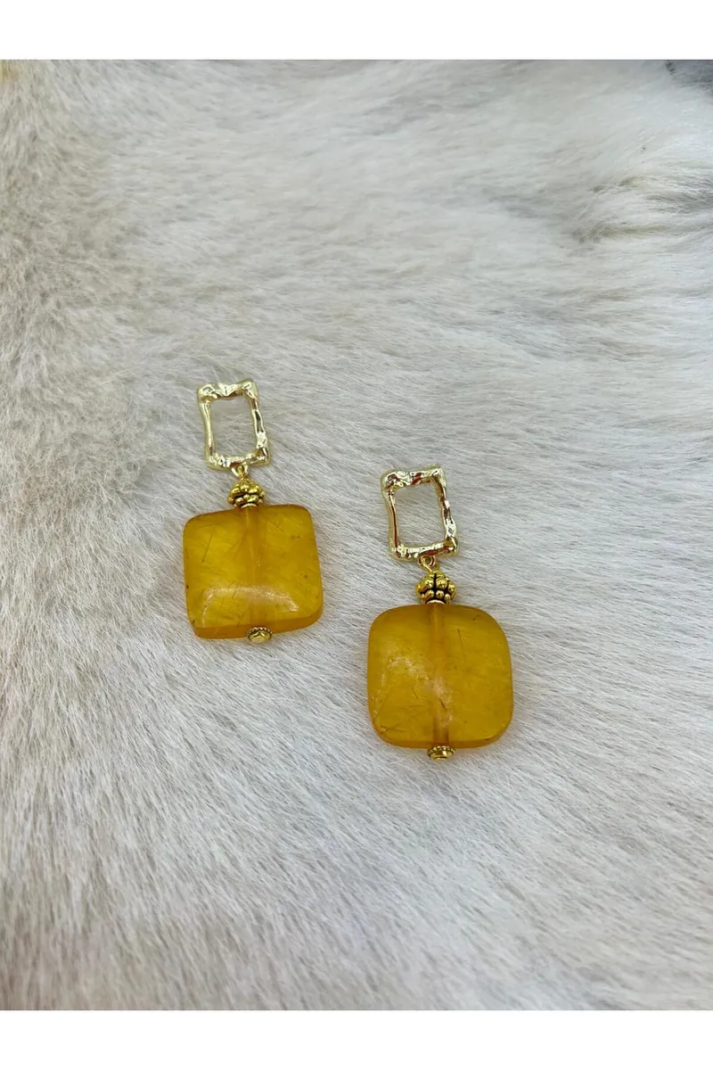 Kadın Gold Renkli Dikdörtgen Halkalı Küpe - Kare Sallantılı Küpe - görsel 5